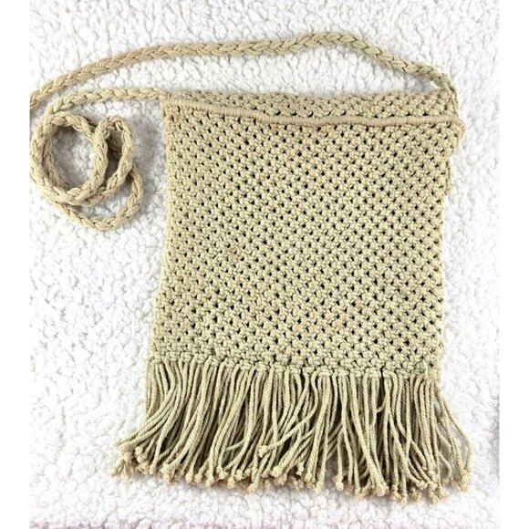VTG Macrame Ivory Crossbody Handbag Purse Crochet Fringe Hippie Boho Zipper - Picture 7 of 10